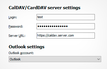 DAV-Outlook Sync. Support of wide range of CalDAV/CardDAV servers.